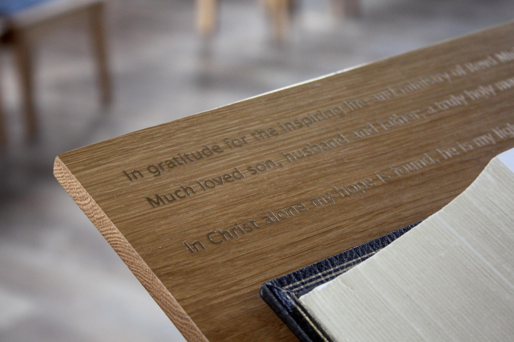 Victoria Methodist Church, Bristol, close up of lettering on lectern top